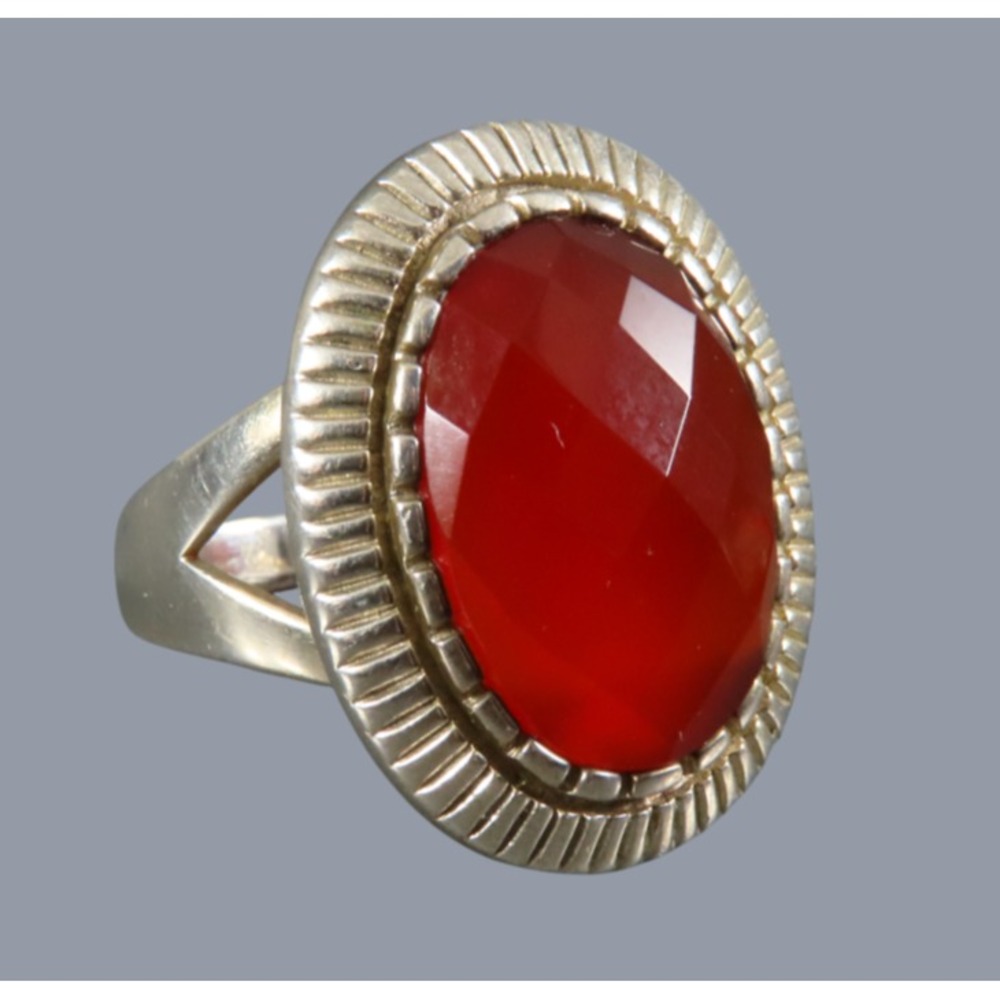 WK Whitney Kelly STERLING SILVER RING Large Oval Faceted Carnelian Elongated 7